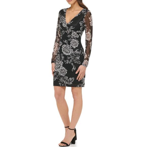 New ~ GUESS ~  Black Floral Long Sleeve V-Neck Sheath Dress Size 14 - Picture 1 of 8